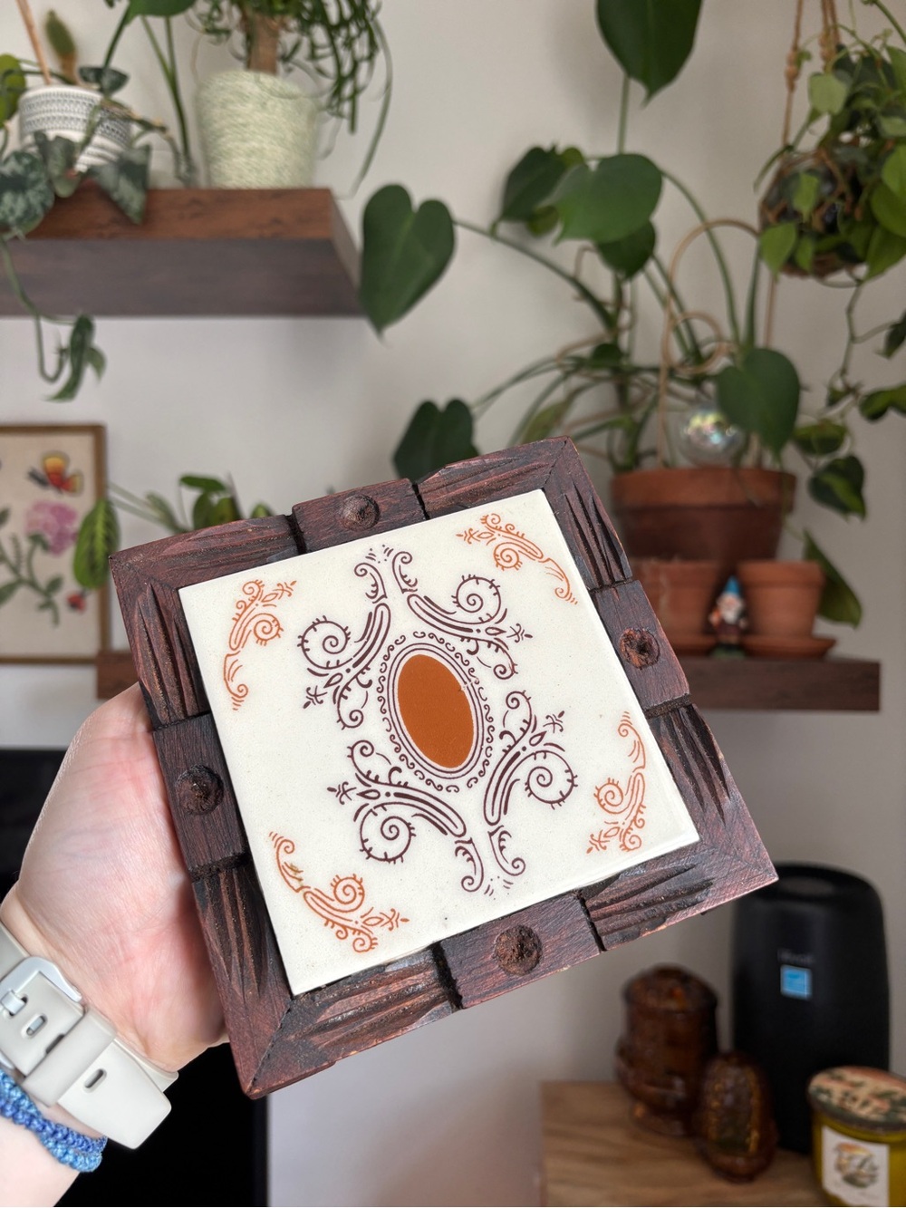 EUC Vintage 70s Set of 2 Mexican Dal Tile Ceramic Wooden Framed Trivets Coasters - Picture 10 of 16